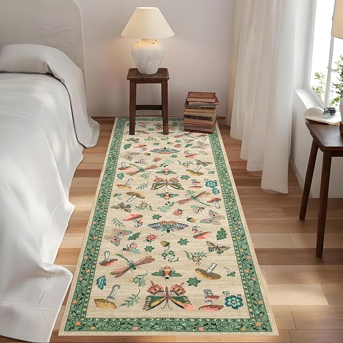 Mushroom Insect 2x6 Runner Rug for Hallway Washable Kitchen Rugs Non Slip with Rubber Back Khaki Green Low-Pile Stain Resistant Indoor Carpet for Entryway Bathroom Laundry Dorm