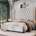 Jocisland California King Bed Frame with 61.4" Tall Wingback Headboard, Velvet Upholstered Platform Bed, Handcrafted Pleats& Deep Button Tufted, Solid Wood Legs, No Box Spring Required, Cream