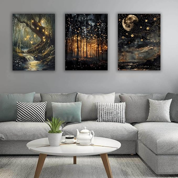 Tranquil Night Forest Framed Canvas Posters Set of 3 Wall art,Moon Fireflies Print Painting Home Décor Artwork,Creates Peaceful Ambiance Painting Artwork for Bedroom Living Room 16x24 inch Wood Framed