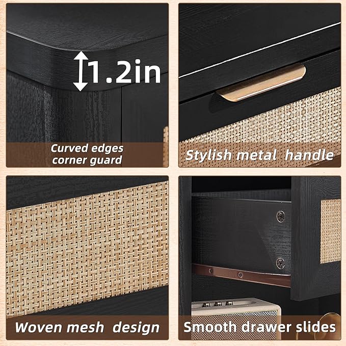 LEYAOYAO Rattan Nightstands Set of 2 with Charging Station, Black Night Stand with Drawer, 23" Wide Boho Bedside Table with Storage Shelf, Bed Side End Tables for Bedroom, Living Room, Hallway