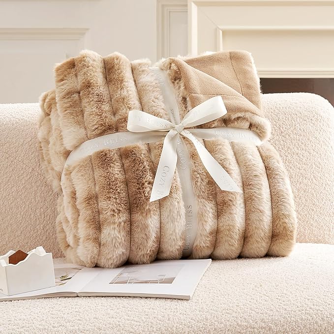 Cozy Bliss Faux Fur Throw Blanket for Couch, Cozy Warm Plush Striped Blanket for Sofa Bedroom Living Room, 108 * 90 Inches Tie-dye Khaki