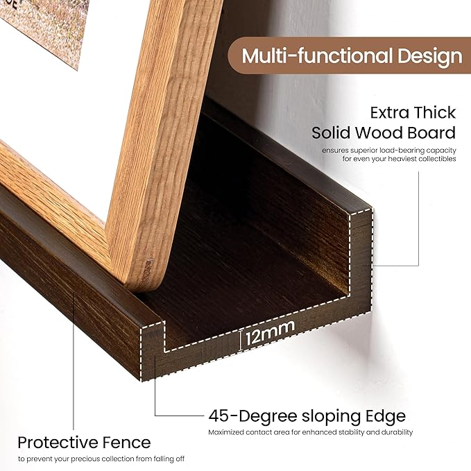 Fun Memories Picture Ledge Shelf, Solid Pine Wood Floating Shelves Set of 4, 16 Inches Nursery Book Shelves for Toys Storage, Kids Bookshelf Wall Mounted for Living Room Decor Photo Frames, Walnut