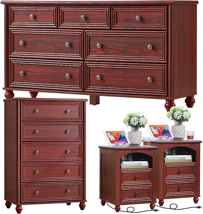 Farmhouse Dressers & Night Stand Set of 4, Wood 54" Wide Dresser & 45" Tall Chest of Drawers, 18" with Charging Station Nightstand Set of 2, Bedroom Furniture Dresser Set for Home Living Room Hallway