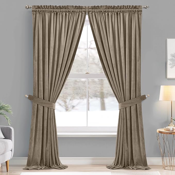 StangH Velvet Curtains 63 inch Length - Luxury Short Kitchen Curtains Room Darkening Heat Blocking Window Curtain Panels for Short Window/French Door, Camel Beige, W52 x L63, 2 Panels