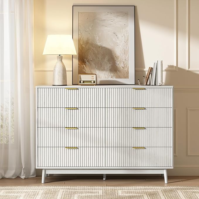 CARPETNAL Fluted 8 Drawer Dresser for Bedroom, 55" Wide Wooden Chest of Drawers with Rounded Corners, Gold Handles, Modern Storage Organizer for Bedroom, Hallway(White)