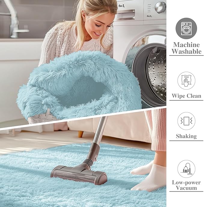 OLANLY 2x4 Machine Washable Runner Rugs for Hallway, Soft Fluffy Shaggy Bedside Rugs for Bedroom, Living Room, Indoor Floor Carpet for Kids Girls and Boys, Home Decor Aesthetic, Light Blue