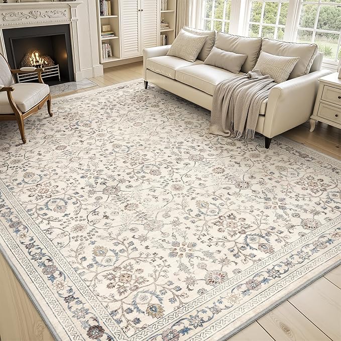 MontVoo-Vintage Area Rug 9X12 Beige Rugs for Living Room-Soft Distressed Printed Rugs for Bedroom-Non Slip Carpet-Machine Washable Rug for Dining Room Living Room Bedside Office