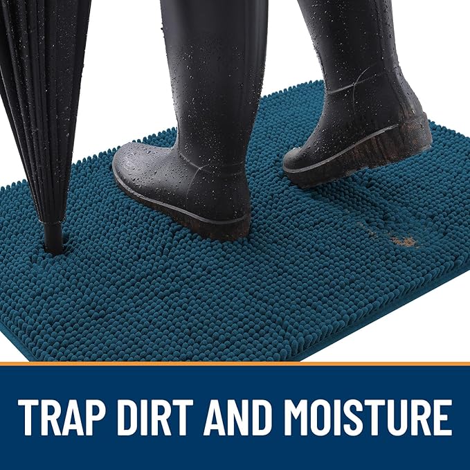 OLANLY Dog Door Mat for Muddy Paws 35x24, Absorbs Moisture and Dirt, Absorbent Non-Slip Washable Doormat, Quick Dry Chenille Mud Mat, Entry Indoor Entryway Carpet for Inside Floor, Atlantic Blue