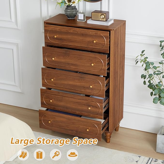 Fluted 5 Drawer Dresser for Bedroom Set of 2, Modern Mid Century Chest of Drawers, Wood Storage Large Dresser Organizer for Bedroom Living Room Closet Hallway, Walnut