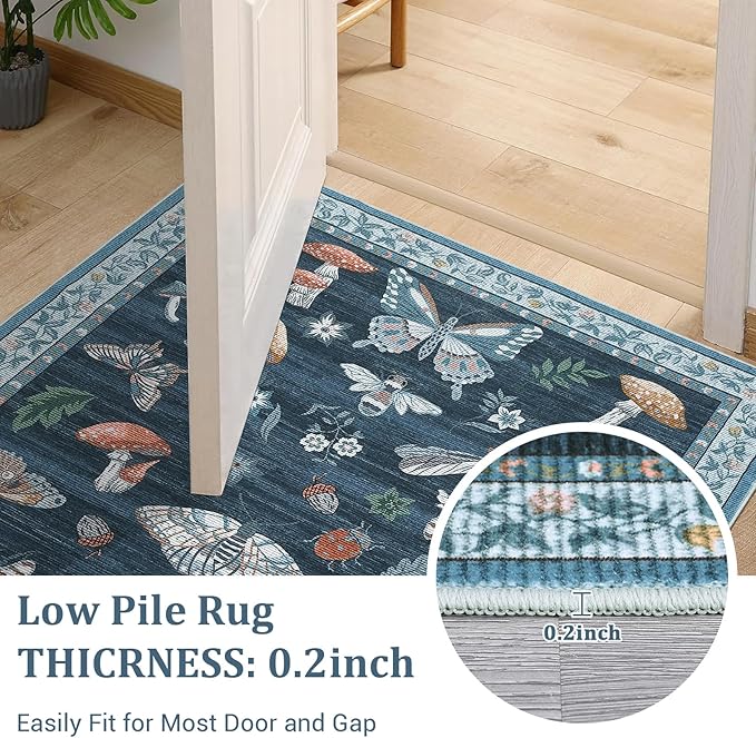 Area Rugs 4x6 Non-Slip Washable Carpet - Mushroom Soft Low-Pile Stain Resistant Foldable Rug for Nursery Kitchen Bedroom Living Room Entryway Indoor Mat with Rubber Back Blue