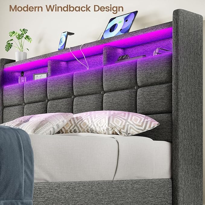 Lift Up Queen Bed Frame with Storage, Upholstered Bed Frame Queen Size with LED Lights Headboard and Charging Station, No Box Spring Needed, Easy Assembly - Dark Grey