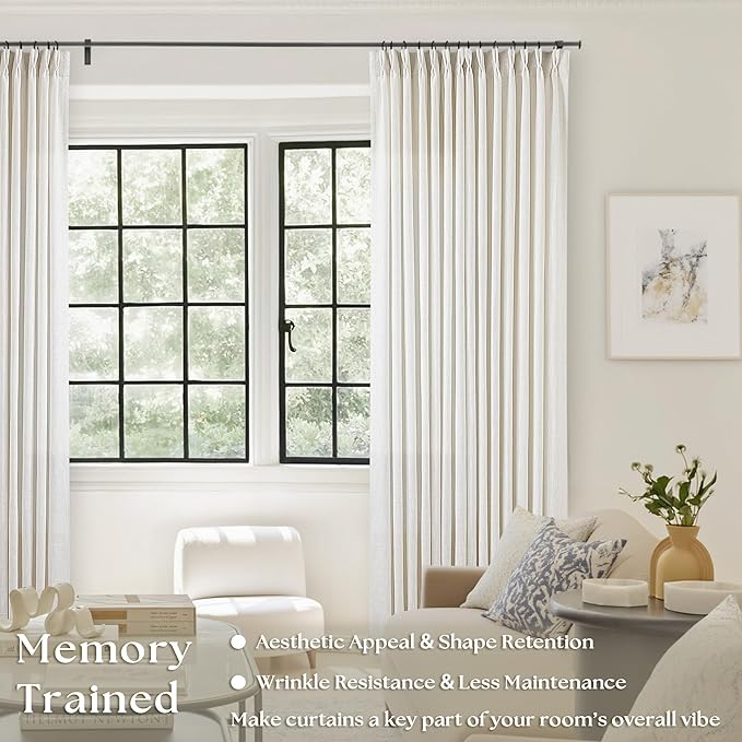 Cream Ivory Linen Curtains 80 Inches Long 2 Panels Set for Living Room Bedroom Pinch Pleated Back Tab Drapes Neutral Modern Farmhouse Decor Semi Sheer 80 Inch Curtains for Dining Room Window Cabin