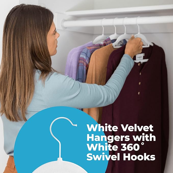 Fontaines Luxury White Velvet Felt Non Slip Clothes Hangers 50 Pack - Ultra Slim & Space Saving - Heavy Duty Swivel Hook for Clothing, Suit, Top, Tie, Shirt, Skirt & Pant Organization