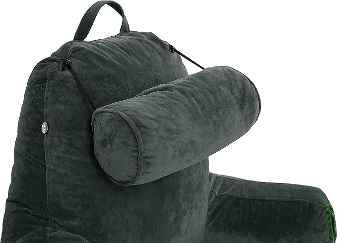 Husband Pillow Medium Dark Green, Backrest Kids, Teens, Petite Adults - Reading Pillows with Arms, Adjustable Loft, Plush Memory Foam, Bed Rest Chair Sitting Up, Detach Neck Roll, Removable Cover