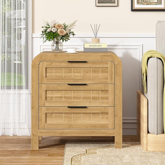 IKENO Wood Nightstand Set of 2 with 3 Storage Drawer, 21" Wide Night Stand with Curved Profile Design, Bedside End Table for Bedroom, Living Room, Closet (2, Natural Oak, 3 Drawer)
