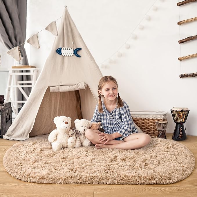 Noahas Fluffy Beige Rugs for Bedroom Living Room,2.6'X5.3' Oval Throw Rug for Kids Room,Shag Hallway Runner Rug,Small Soft Shaggy Bedside Non-Slip Plush Nursery Dorm Carpet Home Decor Aesthetic