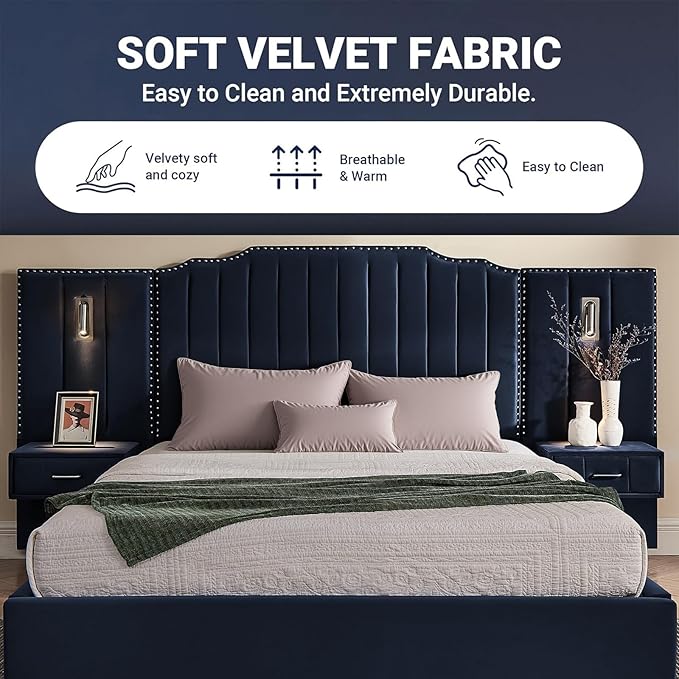 Luxury Queen Bed Frame with Headboard and Storage, Velvet Fabric Upholstered Platform Bed Frame Queen Size with LED Lights, Solid Frame & Bedside Table, No Box Spring Needed, Dark Blue