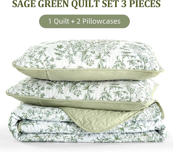 WONGS BEDDING Quilt Full Size, Sage Green Quilt Bedding Set with 2 Pillowcases, Botanical Quilt for Full Bed, Soft Microfiber Lightweight Coverlet Bedspread for All Season (78"×90", 3 Pieces)