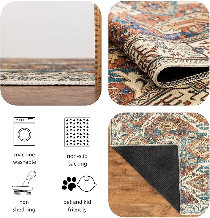 Keen Home Design 5x7 Rug - Machine Washable Area Rug with Non-Slip Backing, Ideal for Living Room, Dining Room, Bedroom - Vintage, Easy Clean, Durable, Low Pile Rug - (5' x 7')
