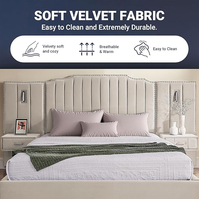 Luxury Queen Bed Frame with Headboard and Storage, Velvet Fabric Upholstered Platform Bed Frame Queen Size with LED Lights, Solid Frame & Bedside Table, No Box Spring Needed, Beige