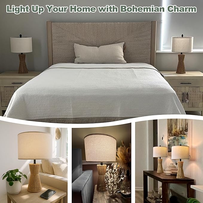 OYEARS 22.5" Table Lamps for Living Room,Boho Lamps Set of 2 for Bedrooms, Bedside Lamp for Nightstands, Rattan Lamp, Farmhouse Table Lamp for Room Decor, End Table, Retro, Brown（Not Include Bulbs）