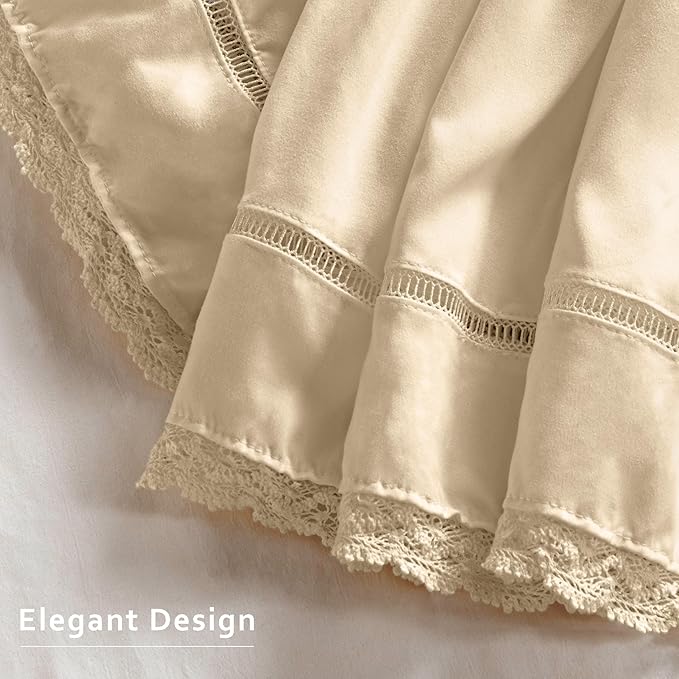 MIYE Wrap Around Ruffled Lace Bed Skirt, Elastic Dust Ruffle with Adjustable Belts, Easy to Put On, Bed Frame Cover, Machine Washable (Floral Lace/Light Beige, King/Queen-15 Drop)