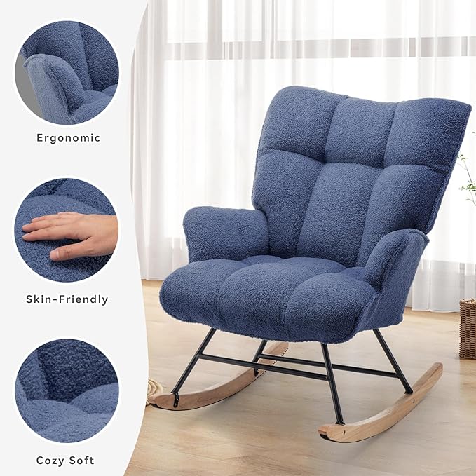Rocking Chair Nursery Teddy Upholstered Glider Rocker Rocking Accent Chair Padded Seat with High Backrest Armchair Comfy Side Chair for Living Room Offices Bedroom(Sky Blue Teddy)