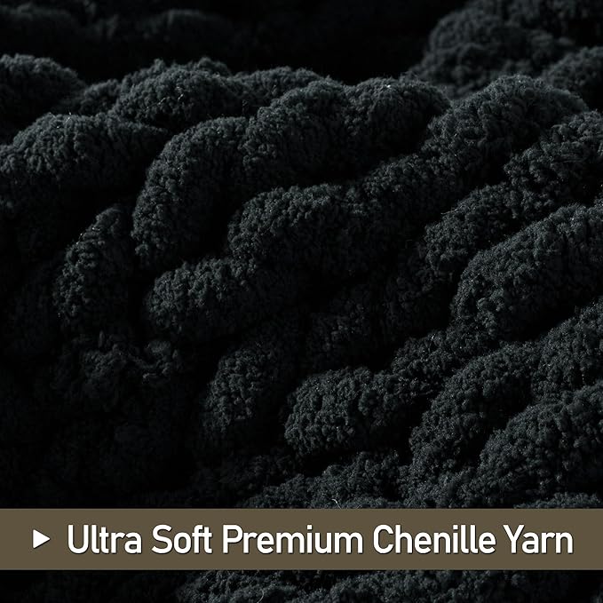 Chunky Knit Throw Blanket 50"X 60", 100% Handmade with Soft Chenille Yarn, 4.4lbs Thick Cable Knitted Blankets, Large Rope Knot Crochet Throws for Couch Sofa Bed Home Decor, Black