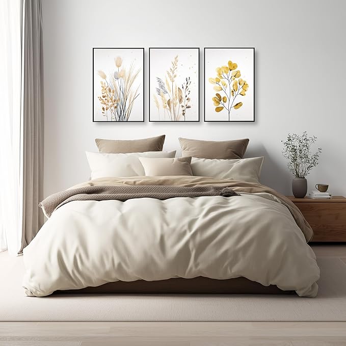 YCJKJDZ Framed Beige Botanical Canvas Wall Art Set of 3, Boho Watercolor Wildflower Pampas Grass Poster Neutral Leaf Art Fall Nature plant Prints for Living Room, Bedroom, Office, – 16x24 in