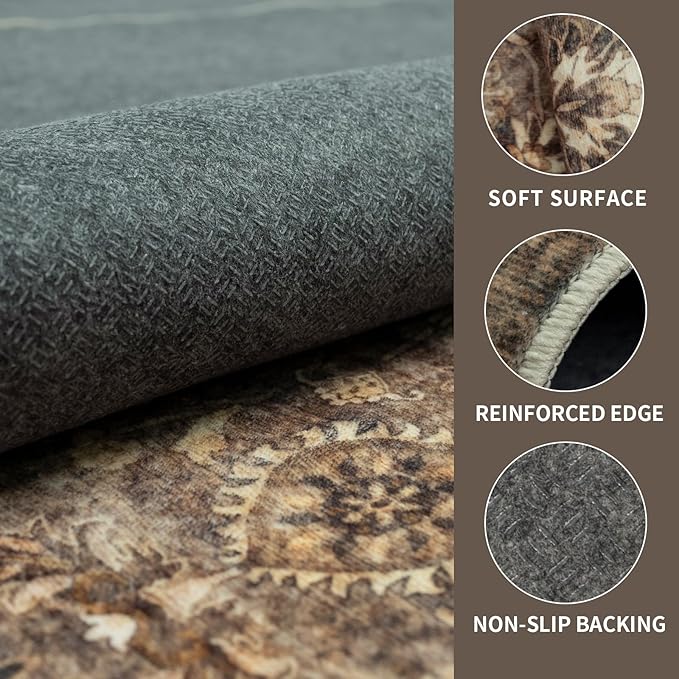 6x9 Vintage Washable Area Rug for Living Room,Low Pile Non Slip Carpet Non-Shedding Area Rug Soft Indoor Stain Resistant Rug Floral Print Mat for Bedroom Dining Room Brown Floral