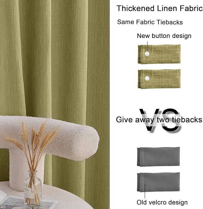 Jacquard Linen Curtains 108 inch Length 2 Panels Thick Faux Linen Blended Window Drapes Burlap Textured Curtains with Grommet for Living Room Bedroom Farmhouse (52x108 Olive Green) Natural