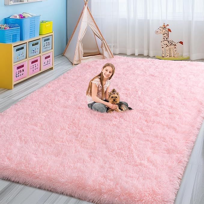 Pink Rugs for Bedroom Girls, 4x6 Fluffy Area Rug for Living Room, Soft Shag Carpet for Kids Room Dorm, Indoor Fuzzy Shaggy Rug, Cute Home Decor