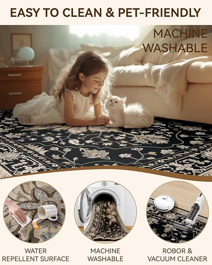 Area Rugs 2'x6' Washable Non-Slip, Floral Vintage Distress Print Pattern Medallion Carpet for Living Room Bedroom Dining Room, Black Brown Neutral Dark Tan