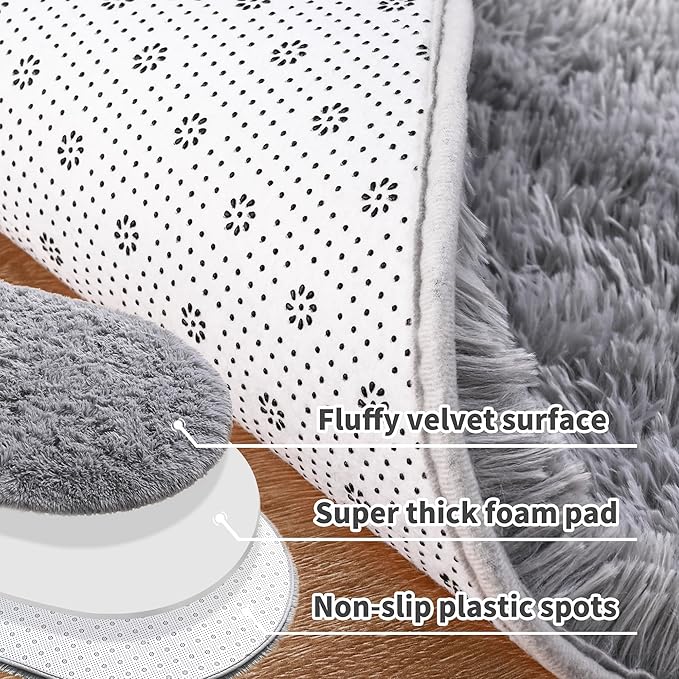Noahas Fluffy Grey Rugs for Bedroom Living Room,2'X5' Oval Throw Rug for Kids Room,Shag Hallway Runner Rug,Small Soft Shaggy Bedside Non-Slip Plush Nursery Dorm Carpet Home Decor Aesthetic