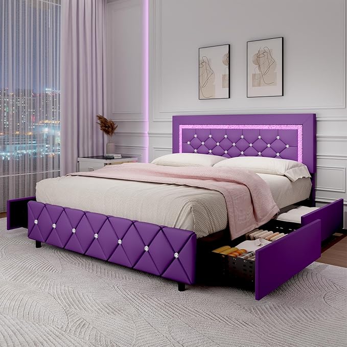 BarnFurin Queen Size Bed Frame with Headboard, Faux Leather Upholstered Bed with Diamond Tufted Design, Mordern Bed Frame with Wooden Slats Suppor, No Box Spring Required, Easy Assembly, Purple