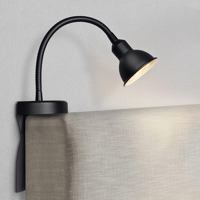 Solfres Patented Innovative Design Headboard Reading Light. No Drilling Golden Book Light for Bedtime Reading. Dimmable LED Book Reading Lamp with Bulb. Movable & Flexible, Black