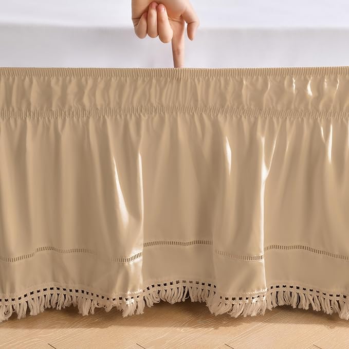 MIYE Wrap Around Ruffled Lace Bed Skirt, Elastic Dust Ruffle with Adjustable Belts, Easy to Put On, Bed Frame Cover, Machine Washable (Tassel Ruffle/Beige, Full/Twin-12.5" Drop)