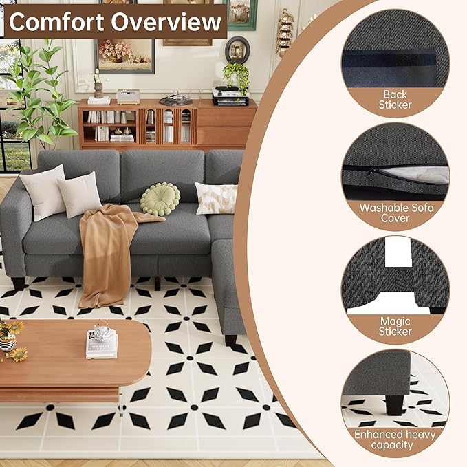 ZeeFu Sectional and Sofa Couches for Living Room - 78'' 3 Seater L-Shaped Modular Couch with Storage Ottoman - Modern Velevt Fabric Upholstered Sofa Set for Small Space Apartment Office