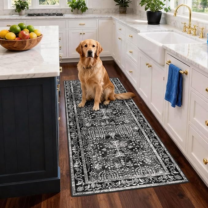 3x8 Hallway Washable Runner Rug: Extra Long Kitchen Runner Non Slip Floral Rugs Printed Faux Wool Low Pile Soft Indoor Floor Carpet for Bedroon Dining Living Room Bathroom Black White 3x8