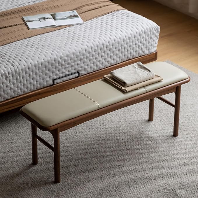 47.2'' Leather Upholstered Dining Bench with 100% Solid Oak Wood Bench Frame, Padded Bed End Bench Ottoman for Kitchen Living Room Bedroom Entryway, Champagne