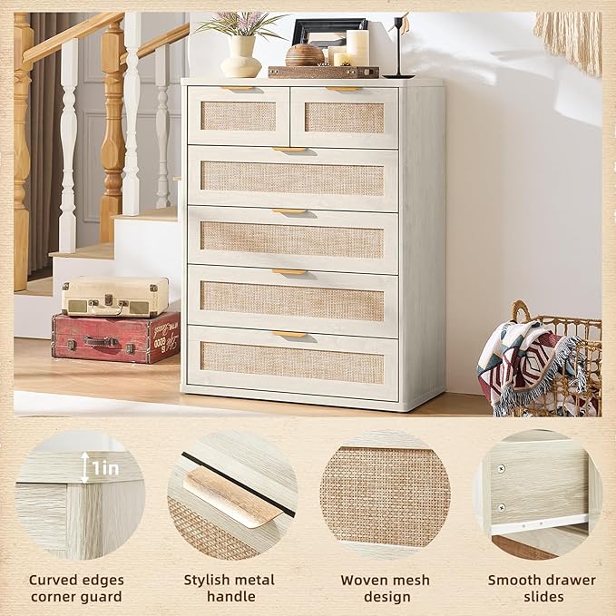 LEYAOYAO White Dresser for Bedroom, 41" Tall Chest of Drawers, Modern 6 Drawers Boho Rattan Dressers with Storage, Dresser Wooden Closet Organizer for Living Room, Hallway