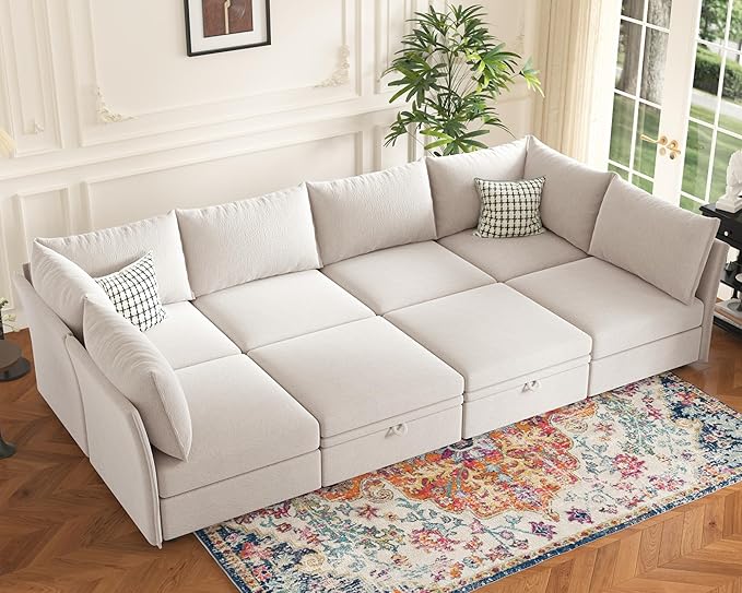 ABCASA 136.4" Oversized Modular Sectional Sleeper Sofa Bed, U Shaped Convertible Couch with Movable Ottoman, Large 8 Seat Corner Couches for Living Room Deep Seat White Chenille