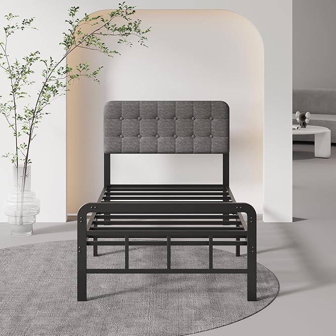 12 Inch Twin XL Bed Frames with Upholstered Headboard and Metal Footboard, No Box Spring Needed, Heavy Duty XL Twin Metal Mattress Foundation, Noise Free, Easy Assembly