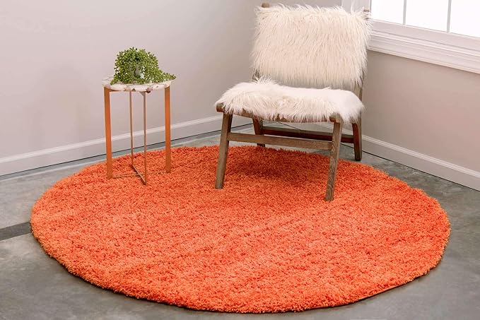 Unique Loom Solid Shag Collection Area Rug (6' 1" Round, Tiger Orange)