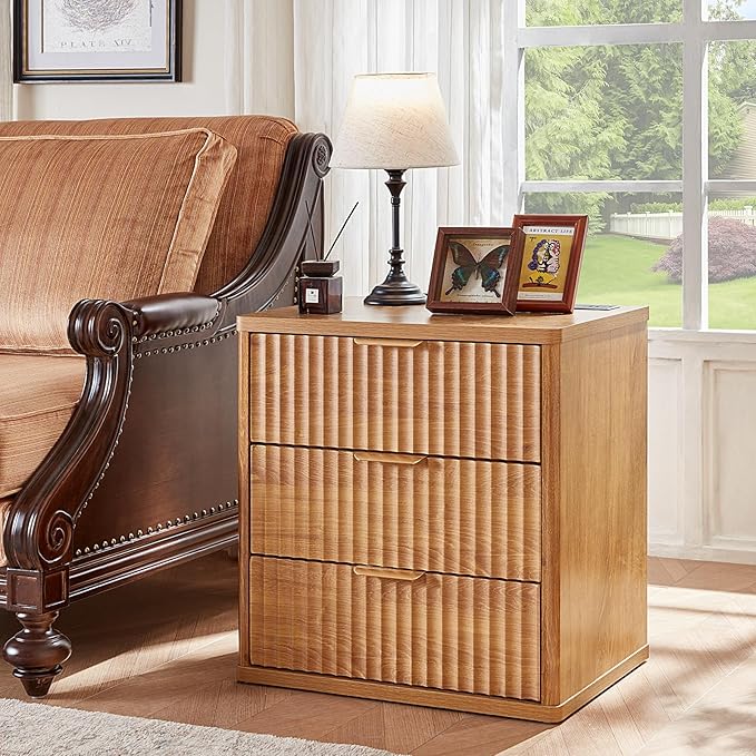 LEYAOYAO 48" Wide Fluted Dresser and 23" Nightstand Set of 2, Wooden Dresser & Night Stand with Charging Station, 3 Piece Bedroom Furniture Set, Chest of Drawer for Living Room,Brown