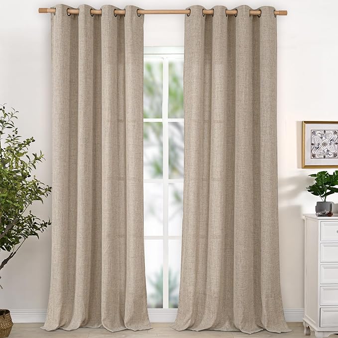 YoungsTex Extra Long Linen Curtains 108 Inch Length for Living Room, Light Filtering with Drapes Bronze Grommet Privacy for Bedroom Farmhouse Decorative, Dark Oatmeal, 52 x 108 Inch, 2 Panels