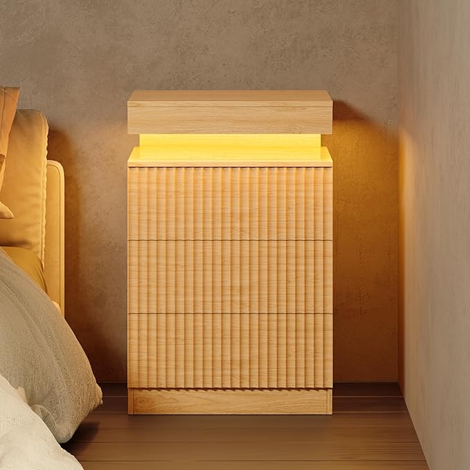 Wood Nightstand with 3 Drawers and LED Light, Mid Century Modern Fluted Night Stand with Charging Station, Bedside Table & End Table for Bedroom