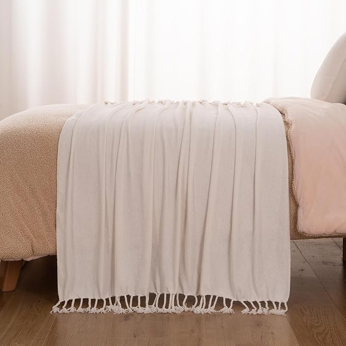 BATTILO HOME Off White Throw Blanket for Couch, Bed, Sofa - Soft Cozy Cream Chenille Throw with Fringe Tassels, Lightweight Farmhouse Knit Throw for Home Decor, 50"x60"