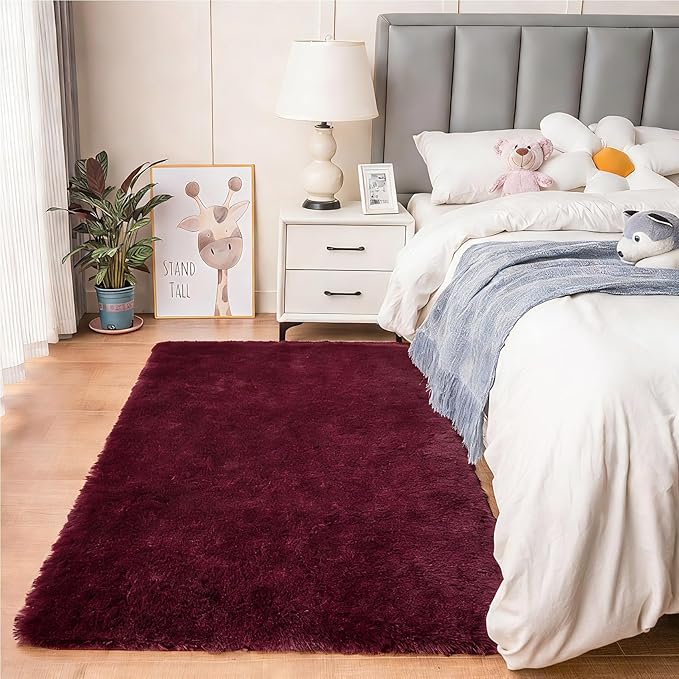 duduta Burgundy Plush Rugs for Bedroom 3x5 ft, Fluffy Shag Rug for Dorm Nursery Bedside, Machine Washable Non Slip