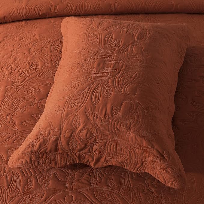 HoneiLife Embroidered Quilt King Size - 3 Pieces Microfiber Quilt Sets Lightweight Bedspreads Reversible Coverlets Retro Bed Cover Paisley Pattern Bedding Set All Season Quilts-Rust